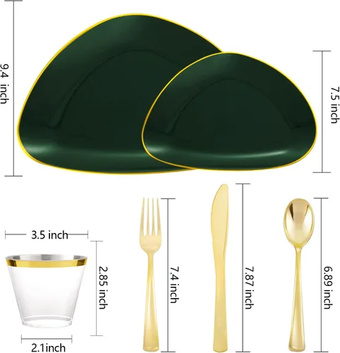 Miniatura 9 de DaYammi 180 platos de plástico verde, platos desechables de oro verde con cubiertos dorados que incluye: 30 platos llanos, 30 platos de postre, 90