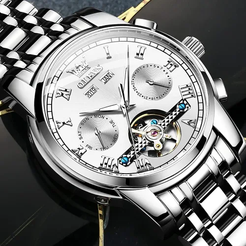 Miniatura 3 de OLEVS Relojes automáticos de cuerda automática para hombre, fecha y día, calendario, relojes de acero inoxidable, movimiento esquelético