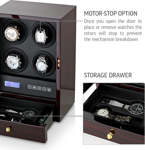 Miniatura 6 de Enrollador de 4 relojes con retroiluminación LED, 2 relojes y cajón de almacenamiento de joyas, pantalla LCD y control remoto