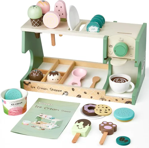 Miniatura 8 de Carrito de Helados de Madera Juguete Playset con Juguetes de Helado Juego de Comida de Simulación Camión de Comida Accesorios de Cocina de Juego