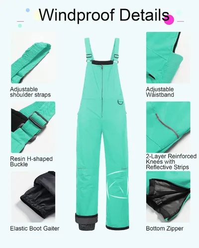 Miniatura 5 de CREATMO US Baberos de nieve para niñas, pantalones de esquí impermeables, aislados, overoles de invierno