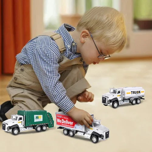 Miniatura 7 de G.C Juego de 3 vehículos de transporte fundidos a presión, camión de basura, camión cisterna, camión de reparto a escala 1:50, juguete de coche