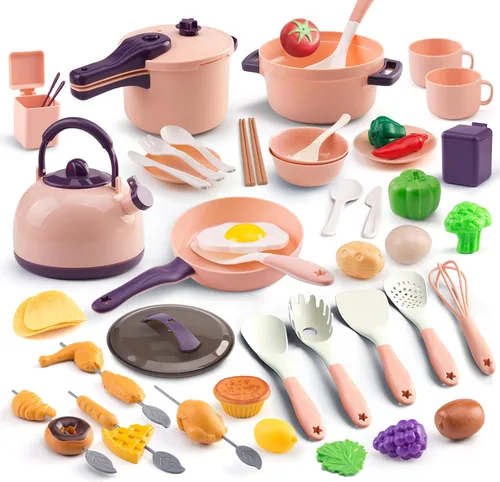 Miniatura 2 de 60 piezas de accesorios de cocina de juego para niños, juego de cocina de simulación con ollas y sartenes, vajilla y conjuntos de frutas y barbacoa