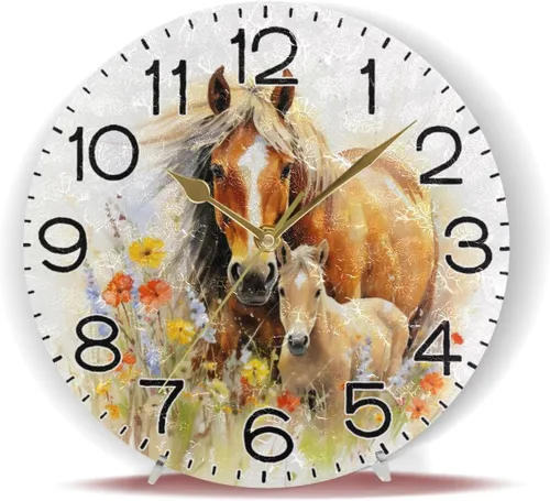 Miniatura 6 de Reloj de pared con diseño de flores de caballos, funciona con pilas, sin tictac, de cuarzo, analógico, rústico, rústico, reloj redondo, decoración