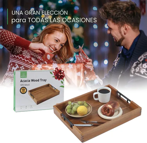 Miniatura 7 de Joy&Grace Bandeja otomana para sala de estar, bandeja grande de madera de acacia con asas para mesa de café, desayuno en la cama, cena de comida