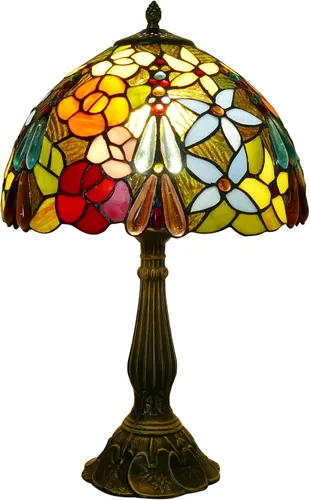 Tiffany - Lámpara de mesa de 12 x 12 x 19 pulgadas, lámpara de mesa multicolor estilo flores, lámpara de vitral, mesita de noche, luz de escritorio