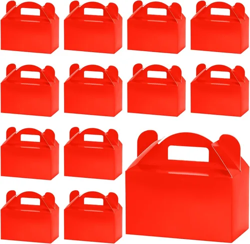 MOORAY Paquete de 50 cajas de golosinas, cajas de dulces, cajas de regalo de fiesta con asas, cajas de regalo de papel para niños, fiesta de Rojo