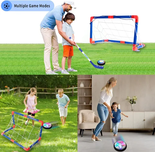 Miniatura 7 de Conjunto de hockey y fútbol flotante 3 en 1, juguetes de hockey y fútbol recargables con aire flotante y batería para niños con luces LED
