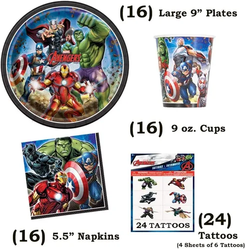 Miniatura 2 de Juego de suministros para fiesta de cumpleaños de los Vengadores – Sirve 16 – Incluye decoración de pancartas, manteles, platos, vasos, servilletas