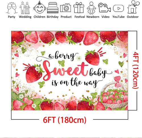 Miniatura 5 de Mocsicka Telón de fondo de fiesta de baby shower de fresa, 6 x 4 pies, decoración de fiesta de baby shower, con texto en inglés "A Berry Sweet Baby