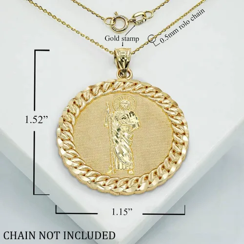 Miniatura 2 de Collar y colgante de oro amarillo macizo de 10 quilates con eslabones cubanos de San Judas con marco redondo