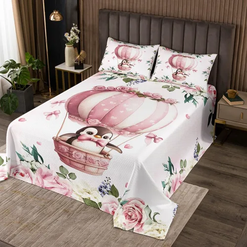 Manfei Lindo pingüino para niños, tamaño individual, juego de colcha de princesa con lazo rosa con globo aerostático, decoración de habitación de