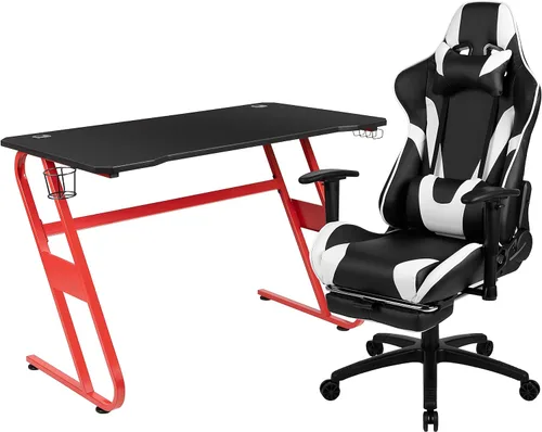 Miniatura 86 de Flash Furniture Juego de escritorio para juegos negro y silla de carreras blanco/negro con soporte para tazas, gancho para auriculares y soporte