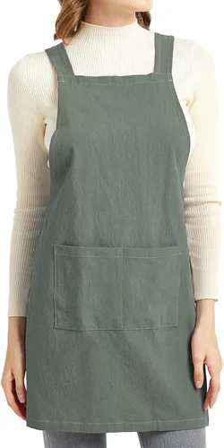 Miniatura 14 de ELEZAY Delantales para mujer con bolsillos, talla grande, cómodo, espalda cruzada, sin lazo, delantal de lino y algodón Marrón