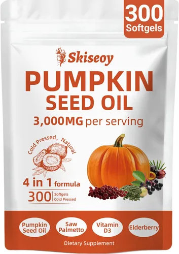 Aceite de semilla de calabaza con palma enana americana, 300 cápsulas blandas | Vitamina D3 4 en 1 y baya de saúco, 3000 mg de aceite virgen puro