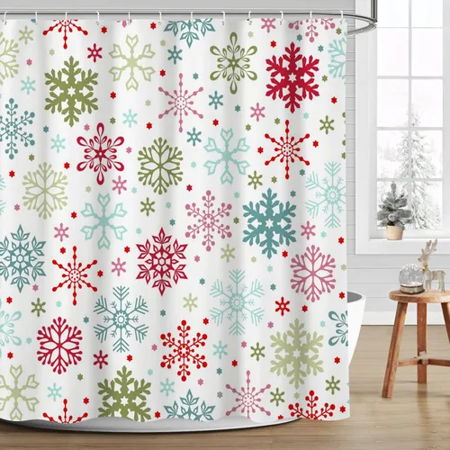 Miniatura 11 de MEHOFOND Cortina de ducha de invierno y Navidad con copos de nieve, cortina de ducha de Navidad, copos de nieve verdes y Ren, decoración de baño
