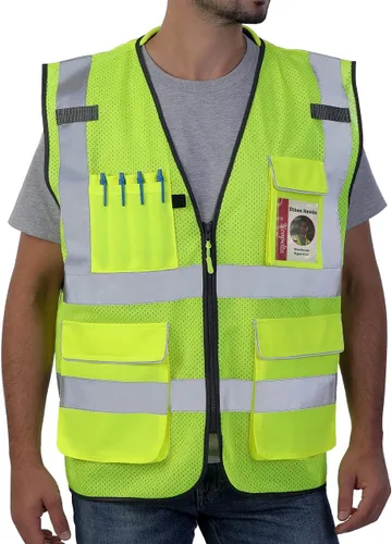 Neopelta Chaleco de seguridad reflectante de malla amarilla, chaleco de alta visibilidad con bolsillos y cremallera, cuello acolchado, chaleco de