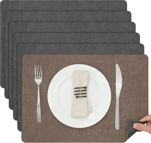 Miniatura 34 de Myir JUN Juego de 6 manteles individuales de doble cara, de piel sintética, para interiores, para mesa de comedor, exteriores, cuadrados, Negro