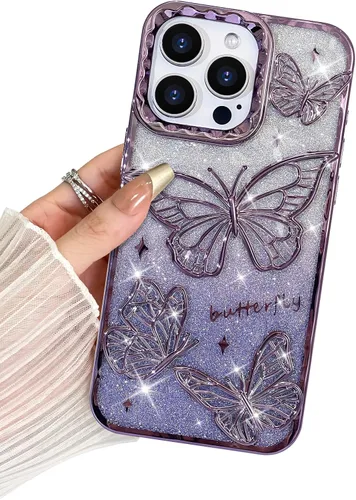 Miniatura 50 de BITOBE Diseñada para iPhone 15 Pro Max, bonita funda de mariposa 3D chapada en purpurina delgada para mujeres y niñas, protección de cámara, Negro