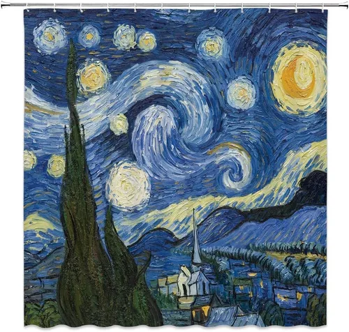 Miniatura 2 de Cortina de ducha pequeña, noche estrellada, pintura al óleo azul, arte abstracto, cielo azul, nube, estrella, luna, paisaje, RV, baño, decoración