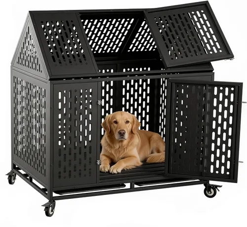 Miniatura 9 de Jaula para perros indestructible de 44 pulgadas con ruedas, jaula de acero a prueba de escapes para interiores, doble puerta, alta ansiedad