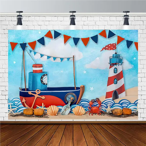 Miniatura 4 de Fondos de fotografía náutica de verano para tartas marineras, veleros, faros, decoración de cumpleaños, para niños, recién nacidos, primer