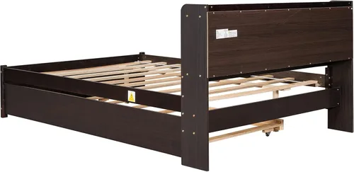 Miniatura 8 de Polibi Cama de plataforma de tamaño matrimonial con nido individual y estantería, cama de plataforma de almacenamiento de madera con cabecera
