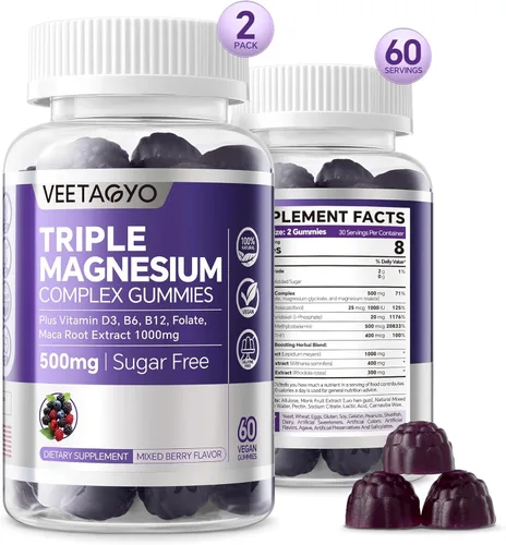 VEETAGYO Gomitas de magnesio 500 mg 400 mg | Alta absorción, hueso, nervios, músculo | 3 formas de complejo de magnesio suplemento glicinato,