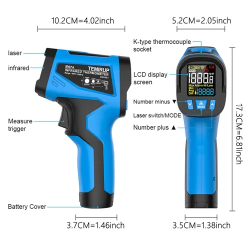 Miniatura 9 de Termómetro infrarrojo TEMIRUP de 40 ℉ a 2462 ℉, pistola de alta temperatura, termómetro láser digital IR sin contacto con sonda, pirómetro 30:1