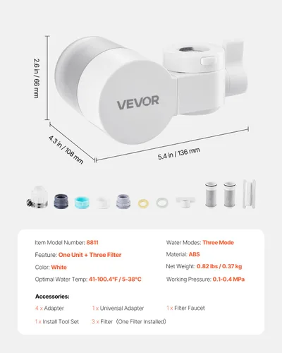 Miniatura 7 de VEVOR Filtro de agua de montaje en grifo, purificador de agua horizontal para grifo de fregadero, filtro de fibra de carbono certificado NSF, Blanco