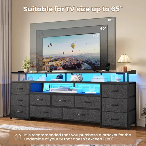 Miniatura 4 de ADORNEVE Soporte de TV para TV de 65 pulgadas, mesa consola de TV de 63" de ancho con luces LED y estación de carga, cómoda larga con 11 cajones