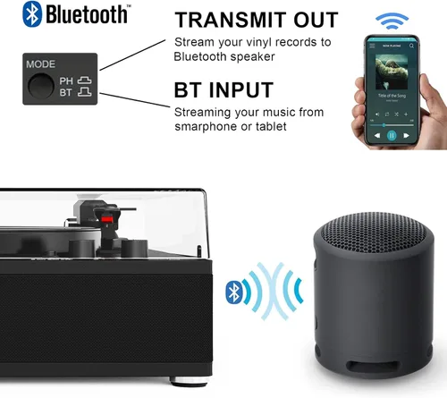 Miniatura 3 de Reproductor de discos de vinilo con transmisor inalámbrico de entrada/salida Bluetooth, placa de tamaño completo, tocadiscos de 3 velocidades