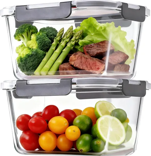 Paquete de 2 recipientes grandes de vidrio para almacenamiento de alimentos con tapas de 85oz/10.5 tazas, recipientes grandes herméticos para pollo