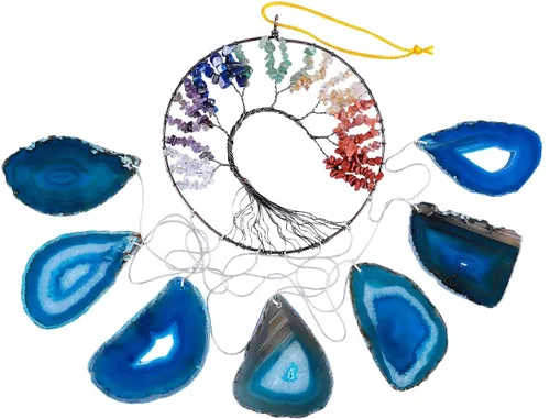 Miniatura 2 de rockcloud Campanillas de viento colgantes de 7 chakras del árbol de la vida con rodajas de ágata colgantes, adorno colgante de ventanas para Azul