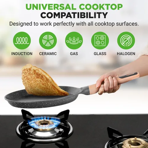 Miniatura 5 de NutriChef - Sartén para crepes de 24 cm (9.45 pulgadas) antiadherente con esparcidora de madera, sartén Dosa de mármol recubierto duradero, mango