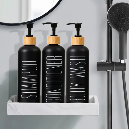 Miniatura 4 de HOMCDALY Juego de 3 botellas recargables negras para ducha de baño de 16 oz - Botellas vacías con bomba para champú, acondicionador o gel corporal