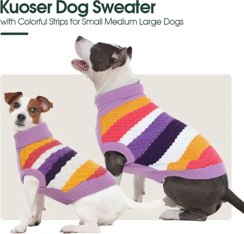 Miniatura 2 de Kuoser Suéter grande para perro, suéteres de punto de cuello alto para perros grandes, rayas coloridas, chaleco de punto para mascotas, ropa cálida