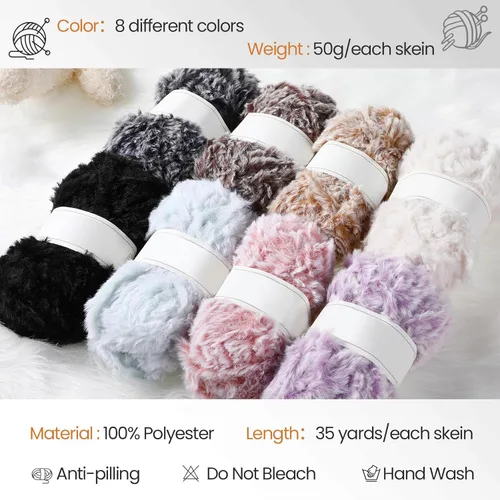 Miniatura 6 de Timgle 24 madejas de hilo de piel sintética suave y gruesa, hilo de pelo esponjoso y mullido para proyectos de crochet y punto, longitud total 12 x