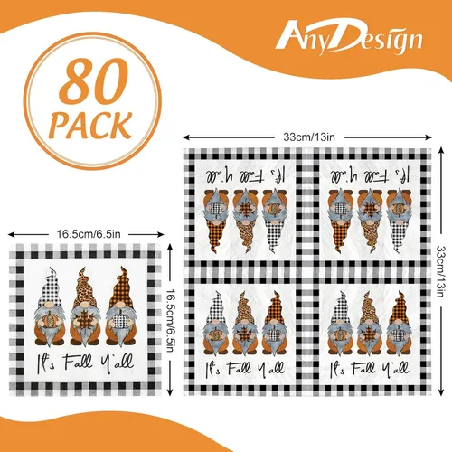 Miniatura 2 de AnyDesign Paquete de 80 servilletas de papel de gnomo de otoño, desechables, con texto en inglés "It's Fall Y'all", servilletas de almuerzo a