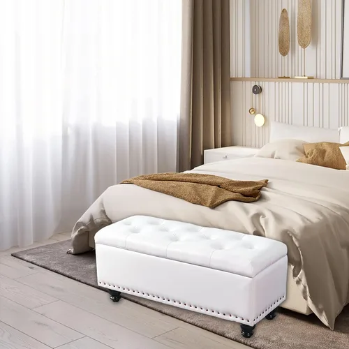 Miniatura 2 de Otomana de almacenamiento, banco de entrada con botones de piel sintética con almacenamiento, taburete para cambiar zapatos, baúl de juguete Blanco