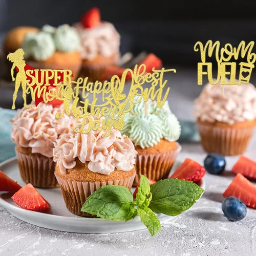 Miniatura 3 de Rsstarxi Paquete de 30 adornos dorados para cupcakes para el Día de la Madre con purpurina para el Día de la Madre, la mejor mamá del mundo