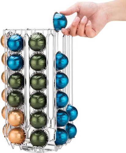 Miniatura 7 de MyGift Soporte organizador de 48 cápsulas de café de acero inoxidable plateado con carrusel giratorio de 360 grados con compartimento