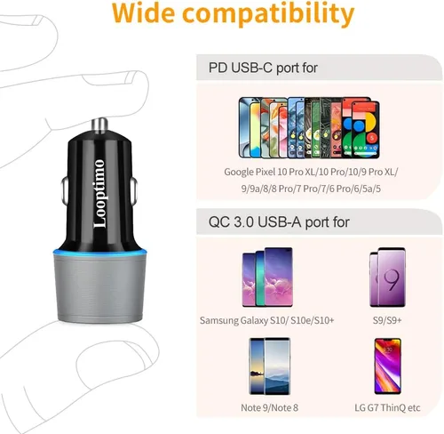 Miniatura 3 de Cargador de coche USB C rápido de 45 W para Google Pixel 10/10 Pro/10 Pro XL/9/9a/8/7, Galaxy S26/S25 Ultra, Looptimo Android Phone Plug PD y QC3.0