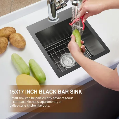Miniatura 7 de Fregadero de cocina negro, fregadero de barra de acero inoxidable de 15 x 17 pulgadas, fregadero de cocina pequeño, elección ideal para espacios