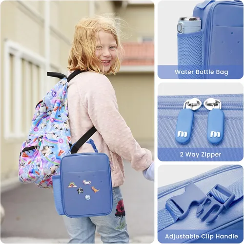 Miniatura 7 de MEXS Lonchera para niños, con dije de bricolaje y bolsas de almuerzo aisladas para niños y niñas, bolsa de almuerzo para la escuela, picnic con Azul