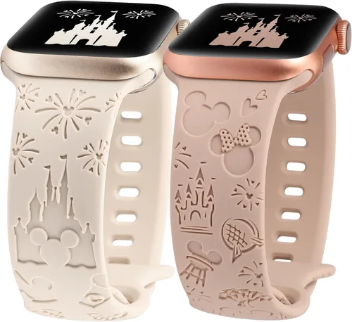 2 paquetes de correas grabadas con dibujos animados compatibles con Apple Watch de 38/40/41/42/44/45/46/49 mm, correa de silicona suave y linda para