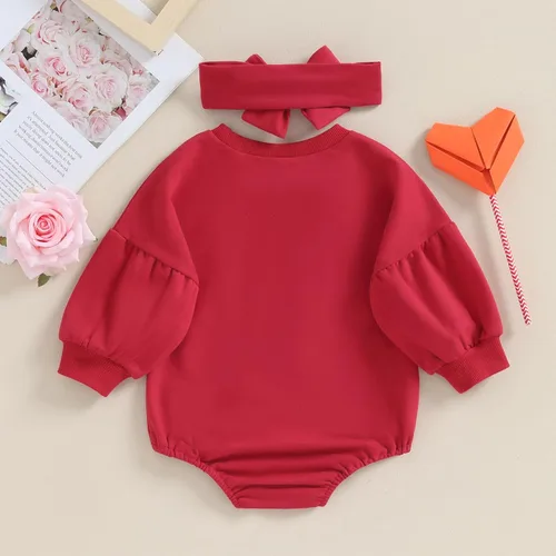 Miniatura 19 de Traje de bebé niña para el primer día de San Valentín, mameluco de burbujas con cuello redondo, sudadera linda para primavera y otoño