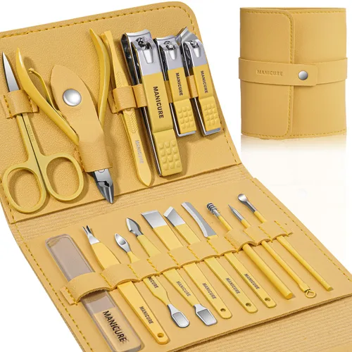 Juego de manicura profesional para cortaúñas y pedicura, 16 piezas de acero inoxidable, herramientas de cuidado de uñas, kit de aseo con lujosa