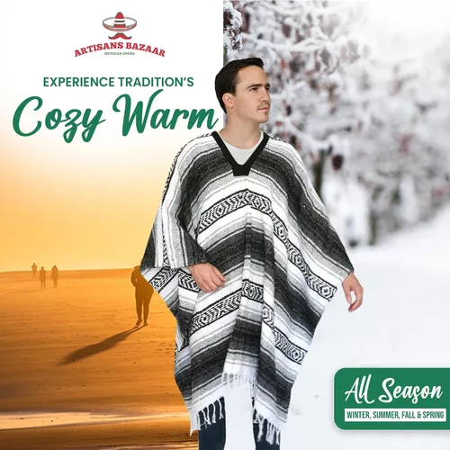 Miniatura 85 de Artisans Bazaar Poncho tradicional mexicano de Baja para hombres y mujeres, auténtico sarape de Gaban, manta de vaquero Pancho Jorongo
