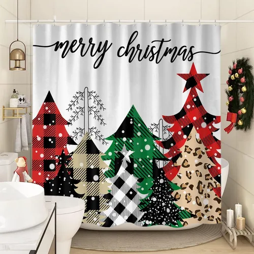 Miniatura 3 de Cortina de ducha de árbol de Navidad, diseño de búfalo negro y rojo, a cuadros, juego de cortinas de ducha de tela para decoración de baño